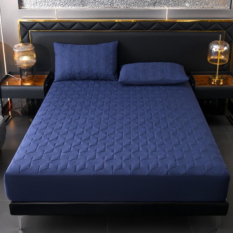 Waterproof Quilted Fitted Sheet Set - 3 Pieces (1 Mattress Cover + 2 Pillowcases), Deep Pocket, Navy Blue