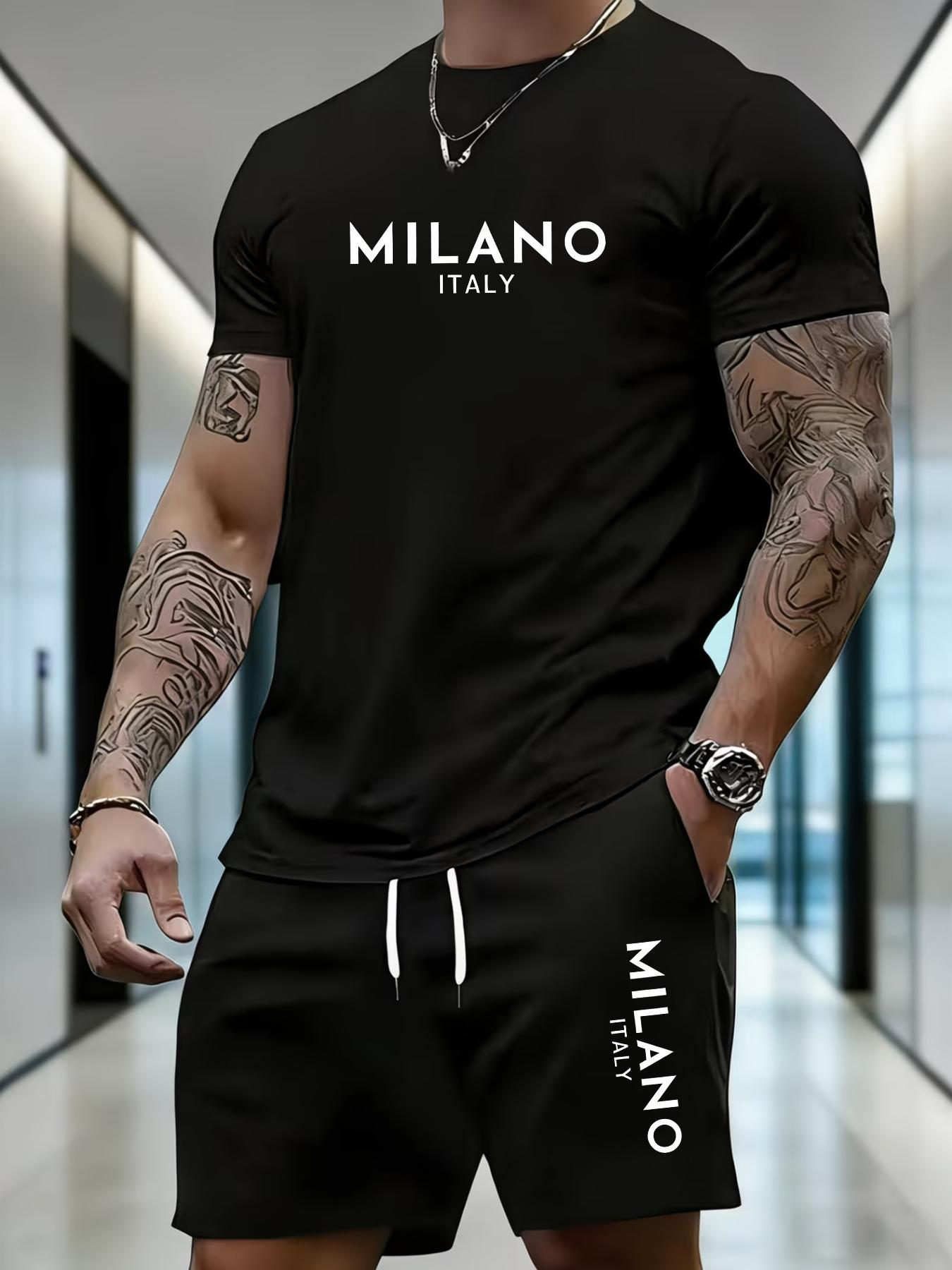 MILANO ITALY Italian Print Men's Suit - Summer Short-sleeved T-shirt + Shorts Set - Street Fashion Style