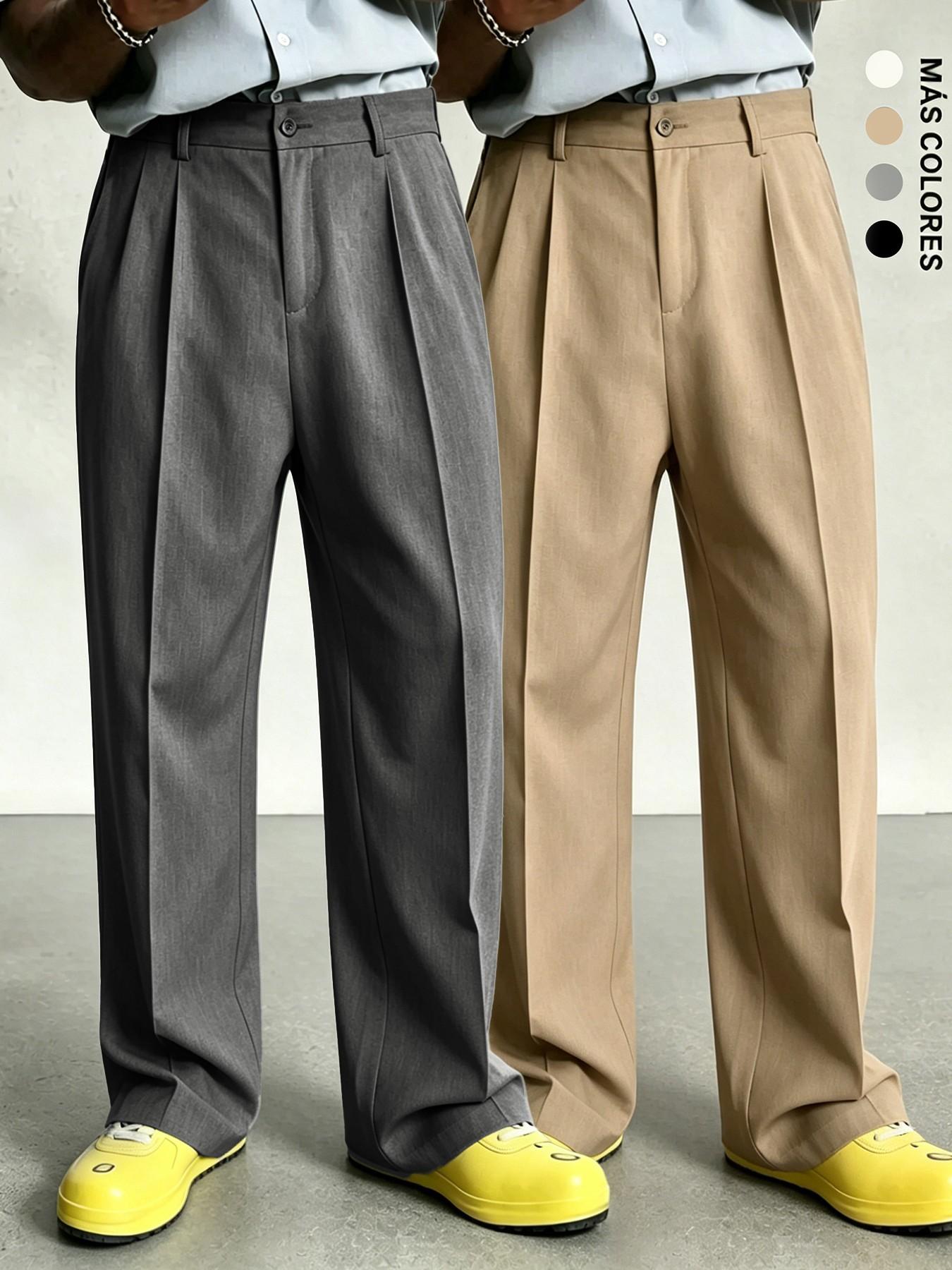 Men's Pleated Wide Leg Suit Pants, Formal Wear, Casual Loose Fit, Business & Street Style, Mid Waist, Drawstring Waist, Adjustable Pants, All Seasons