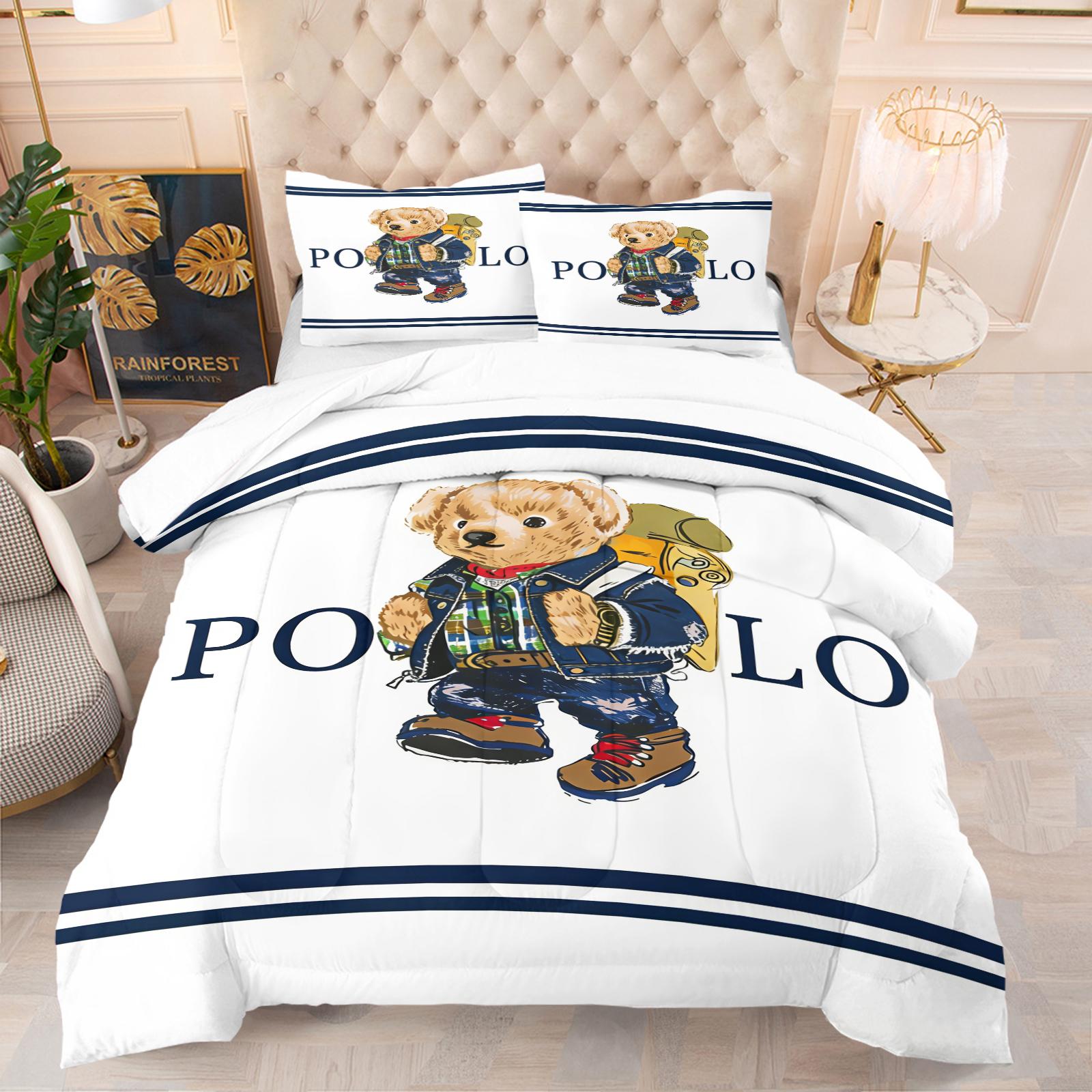 Ling grid patterned teddy bear printed bedding set, including 1 blanket and 1 or 2 pillowcases without pillowcases, soft children's or adult bedroom decoration gift Soft Bedding Sets
