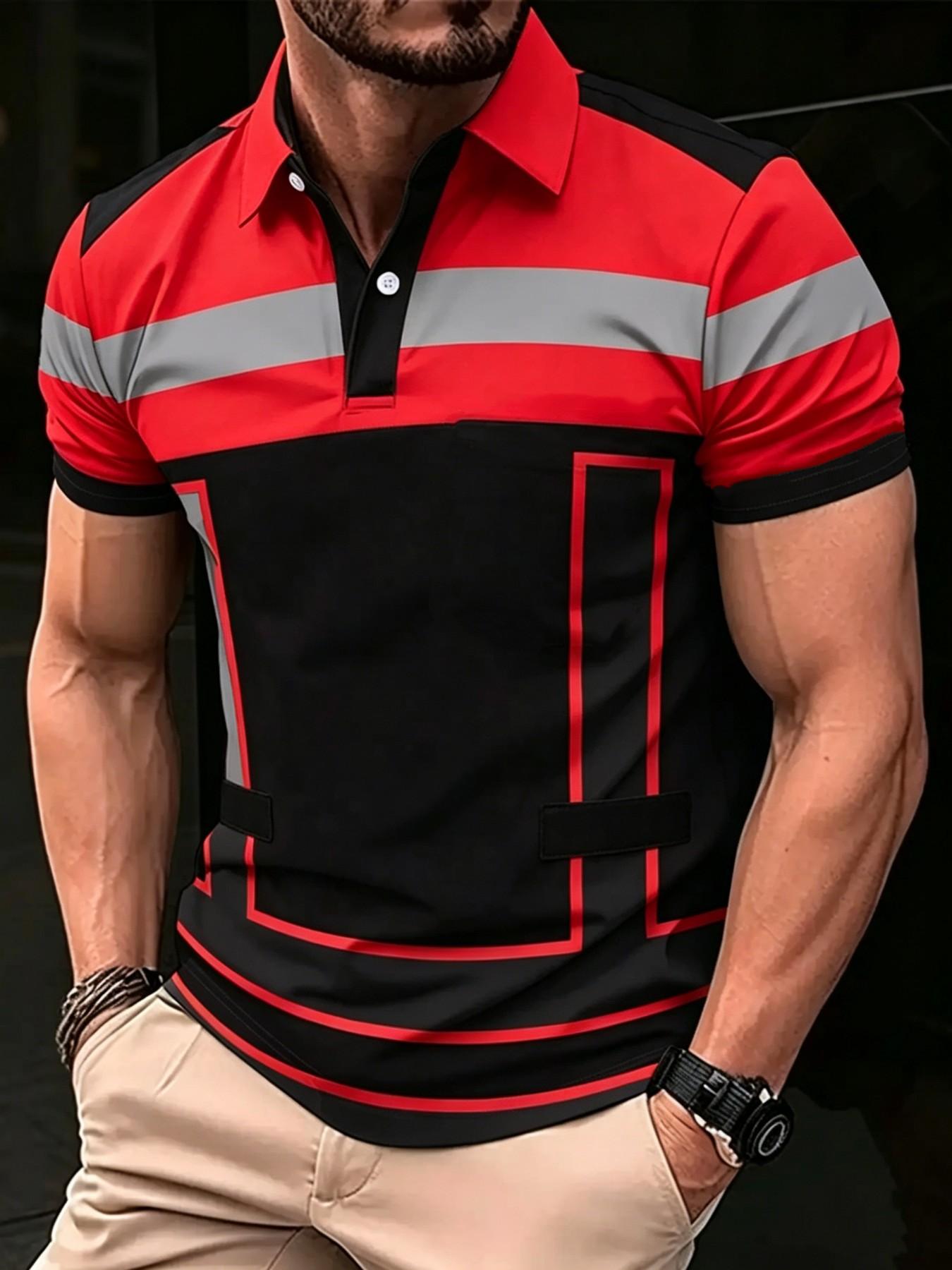 Men's Short Sleeve Polo Shirt, Casual 3D Print Golf Shirt, Striped Pattern, Sporty Style, Summer Fitted Top Men's Short Sleeve Polo Shirt, Casual 3D Print Golf Shirt, Striped Pattern, Sporty Style, Summer Fitted Top