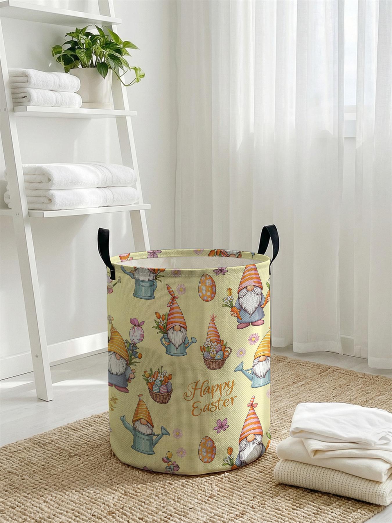 1pc Easter Elf Pattern 2D Printed Easter Basket with Handle, made of wear-resistant material, foldable home laundry hamper, large capacity laundry storage basket, toy storage box