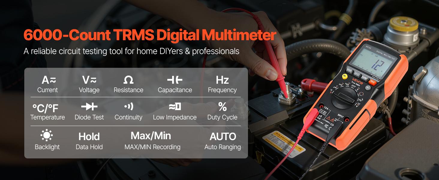VEVOR Digital Multimeter, 6000-Count TRMS DC/AC Voltmeter Current Tester, Auto-Ranging Multimeter for Current Voltage Resistance Capacitance Temperature Diodes Continuity Low Impedance Measurment