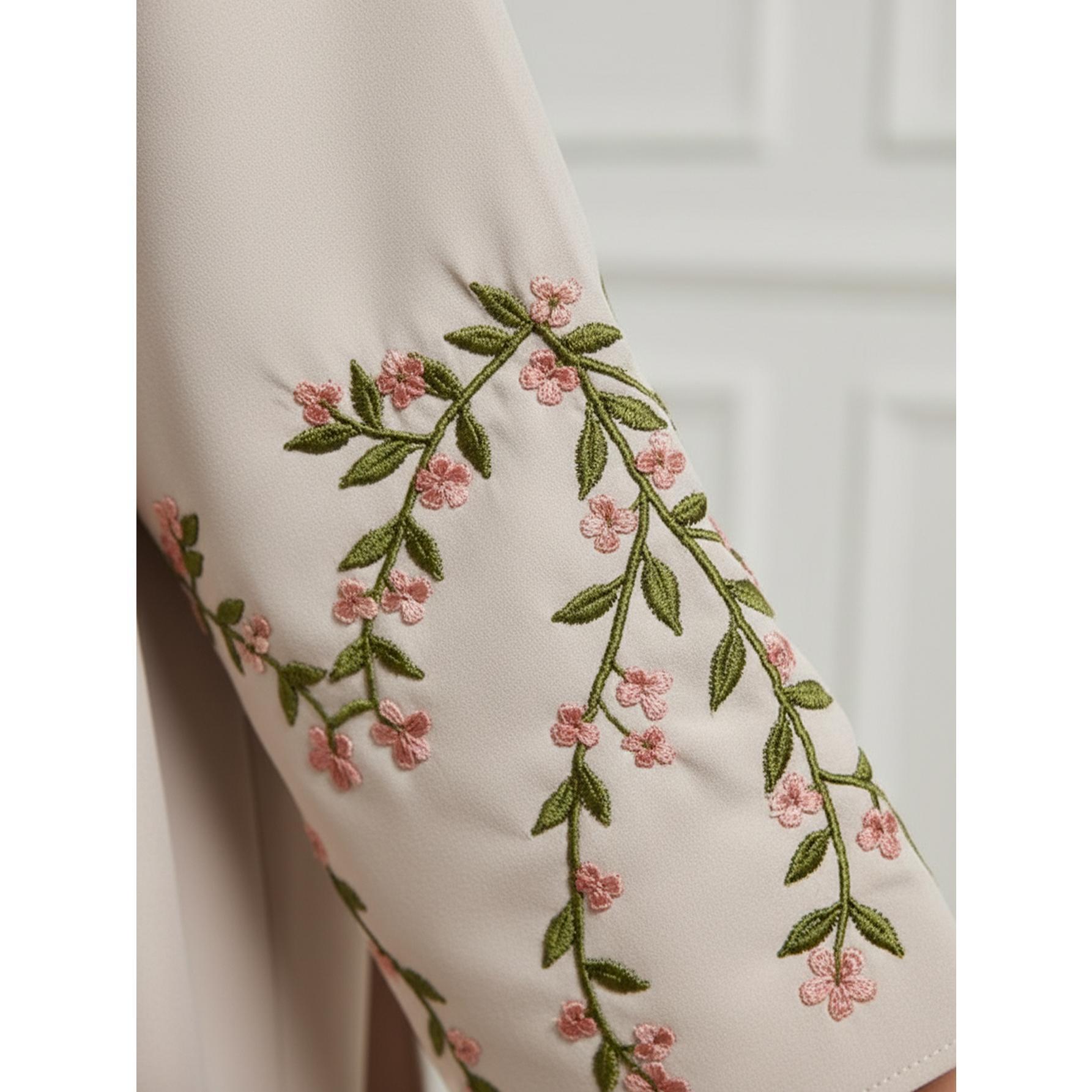 Elegant Beige Floral Embroidered Open Abaya Modest Kimono Gown | One Size Fits All S-2XL | Perfect for Ramadan, Eid, Resort Wear & Daily Chic