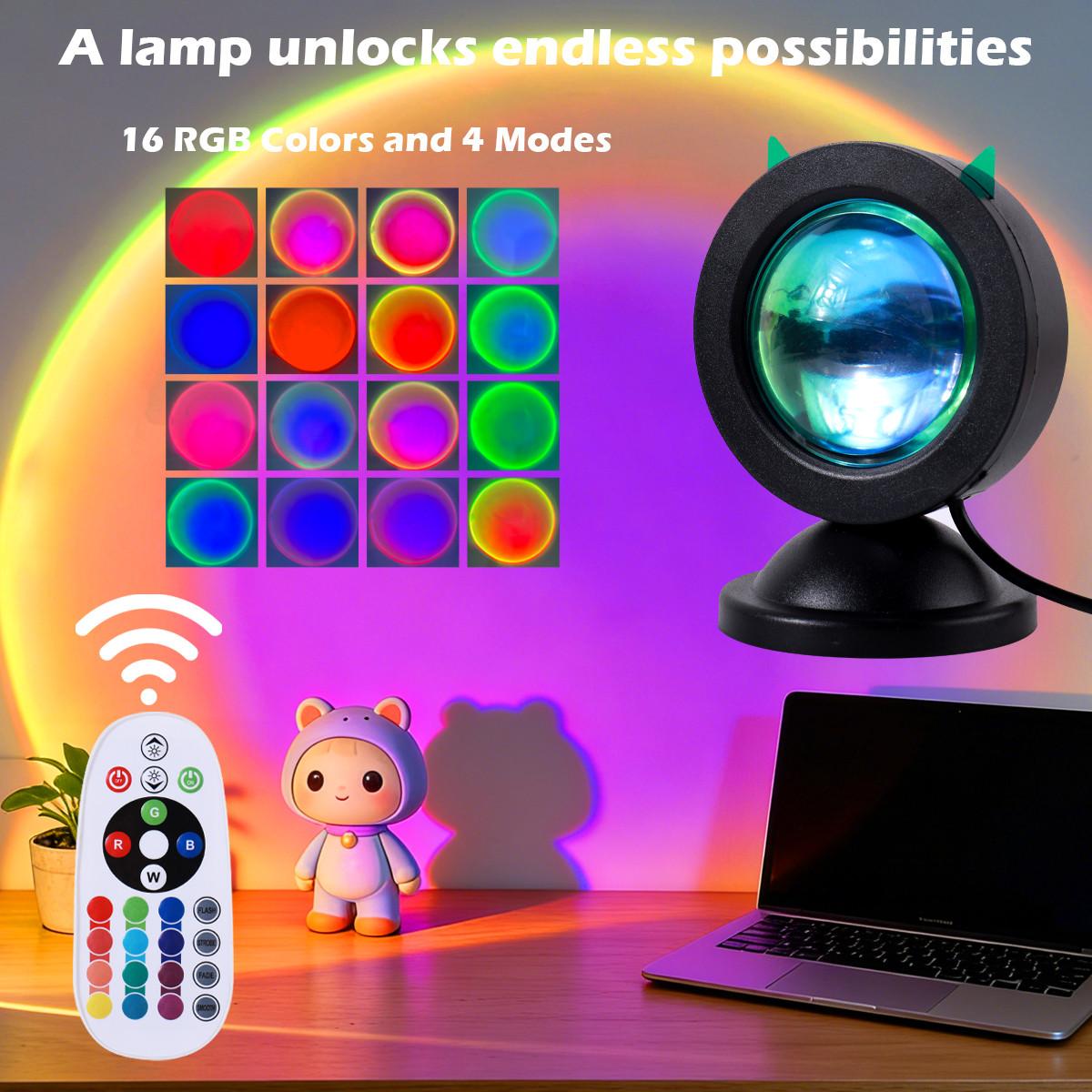Sunset lamp projector with 6Pcs Color Films, 16 color changing rainbow light with Remote Controlled LED Table Lamp USB Sunlight Lamp for bedroom, aesthetic room decor, TikTok vibe