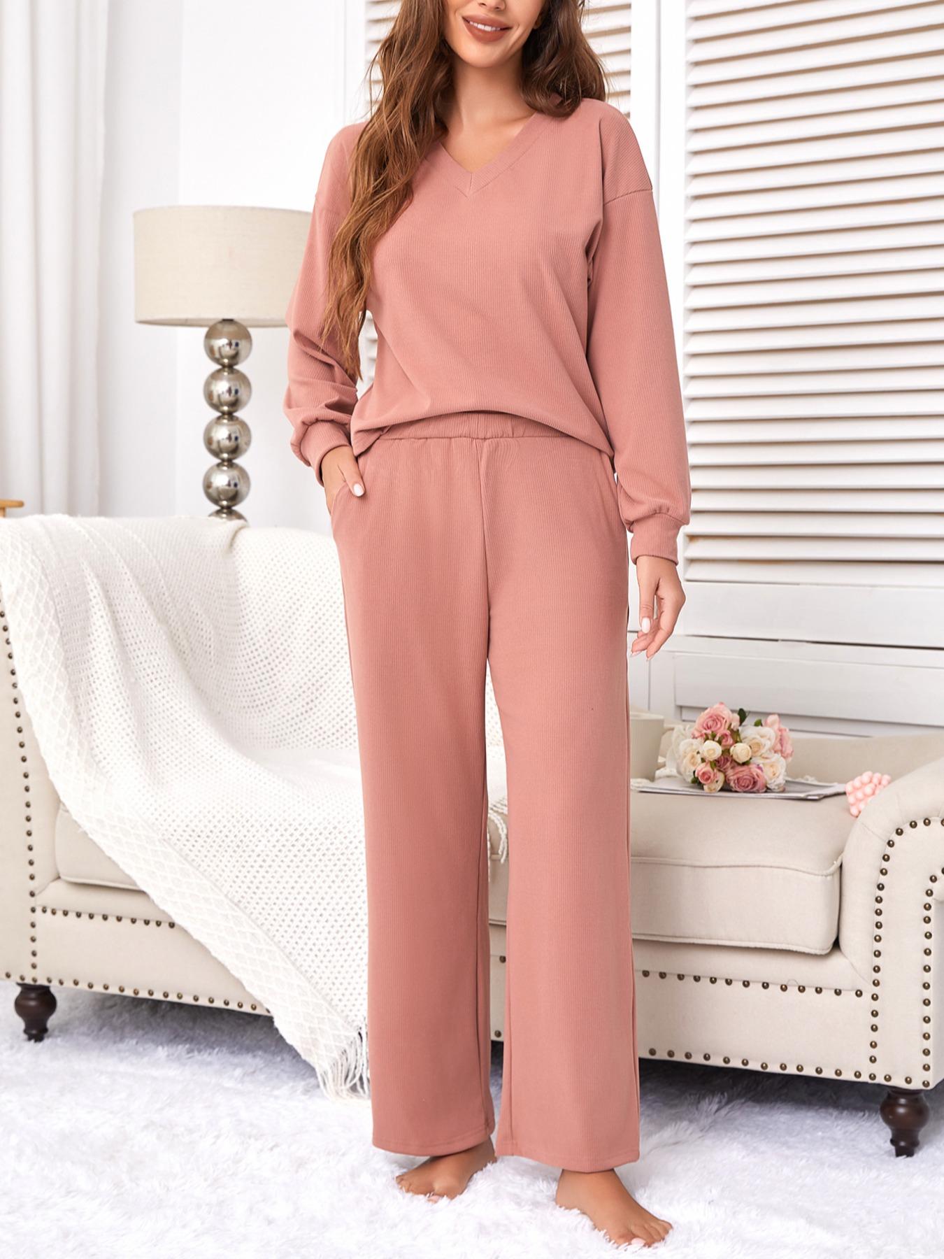 Women's 2-Piece Matching Set V-Neck Knit Top & Pants with Pockets, Casual Loose-Fitting Autumn Winter, Home Wear or Outerwear