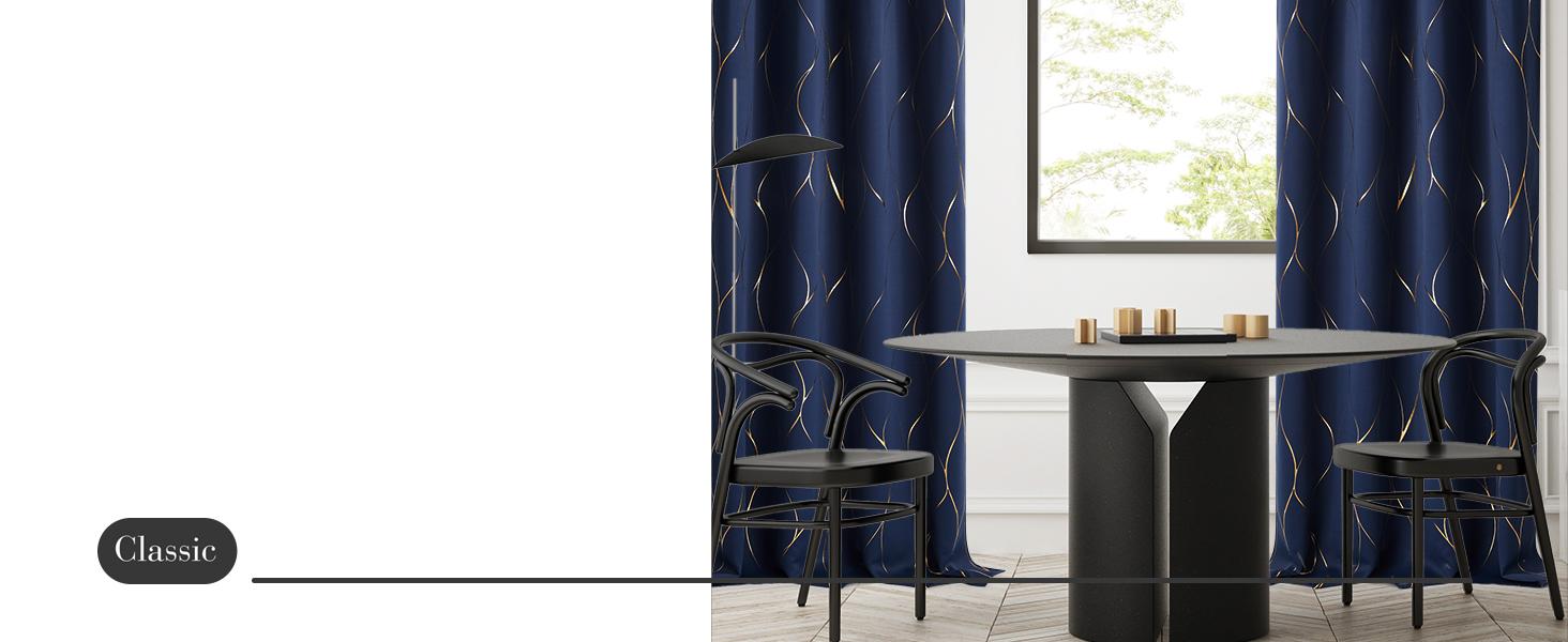 Deconovo Blackout Curtains (2 Panels & Gold Wave Foil Print) - Thermal Insulated,Soundproof Printed Drapes for Living Room, Bedroom, Sliding Glass Door and Office