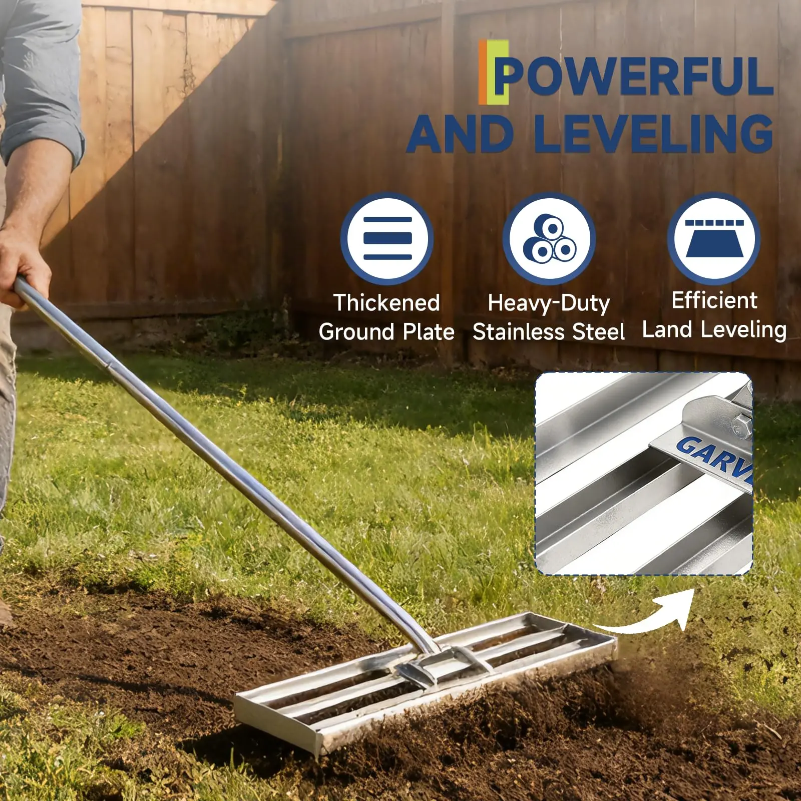 GARVEE Stainless Steel Lawn Leveling Rake, 30-in Heavy-Duty Head, 6FT Extendable Handle, Manual Soil Leveling Tool for Yard & Garden