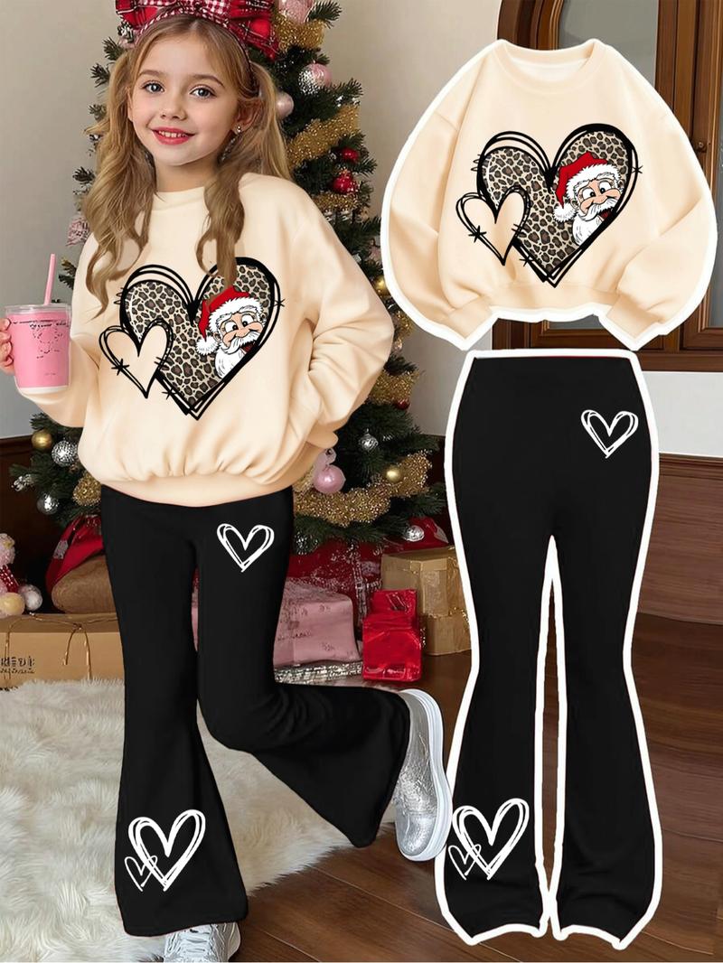 Girls' Christmas Leopard Heart Santa Print Sweatshirt & Casual Bell Bottoms Set, Fitted Style, Fall&winter Fashion, Fashion Clothes Set