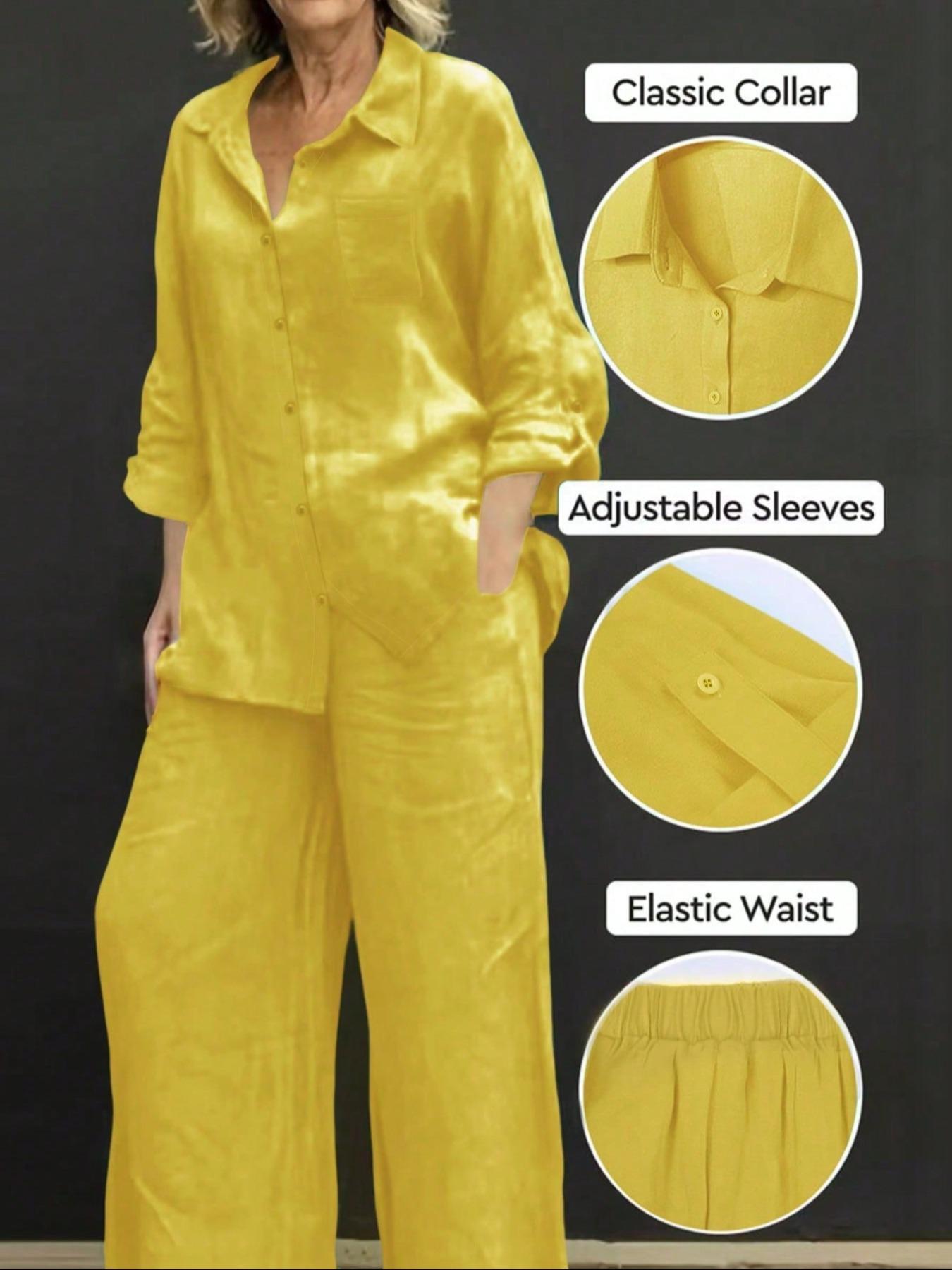 Spring Summer Fall Polo Neck Casual Cardigan Set, Slimming Pure Color Elegant Shirt Top, Vacation Commute Comfort Soft Fabric Pants Two-Piece Suit