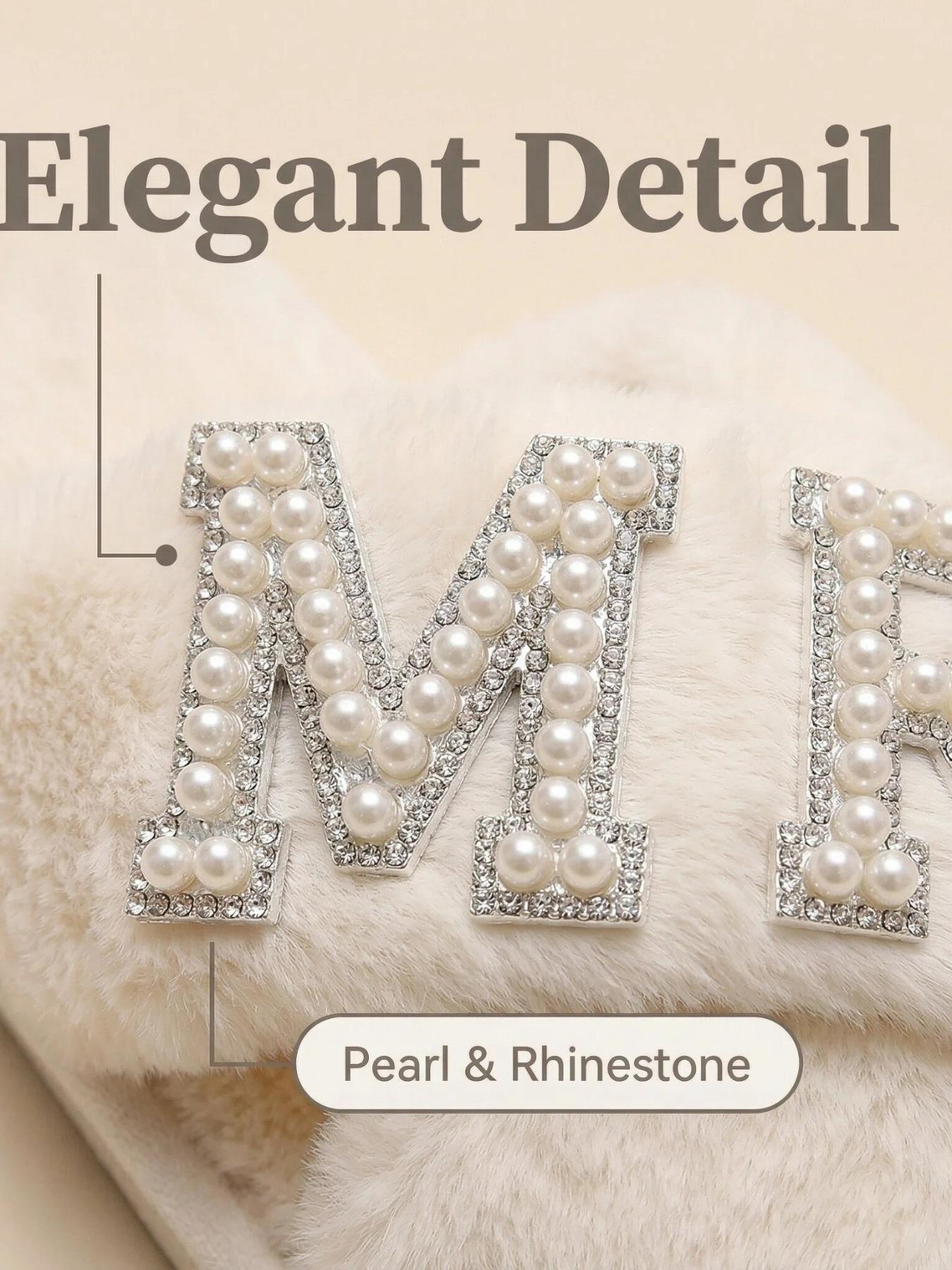 Customizable Wedding Slippers for Bride and Bridesmaids, Elegant X-Strap Fuzzy House Slippers with Pearls and Rhinestones, Casual Indoor Shoes