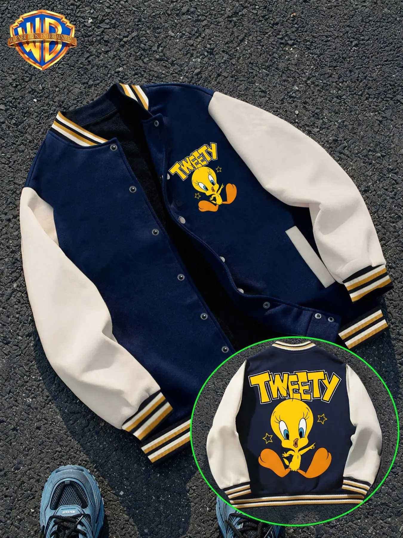 Wb Warner Bros. Looney Tunes Tweety Bird Graphic Varsity Jacket, Color Block Raglan Sleeve, Button Up Streetwear, Casual Loose-Fit Coat