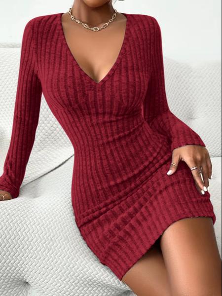 Women's Striped Deep V Neck Bodycon Dress, Comfortable Soft Casual Long Sleeve Tight Sleeve Short Dress for Fall & Winter, Ladies Clothes for Daily Wear, Womenswear