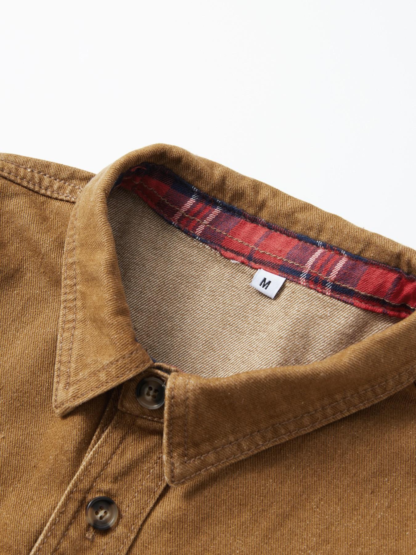 Men's Vintage Fleece Lined Workwear Shirt Jacket, Heavyweight Washed Cotton, Dual Chest Pockets, Copper Buttons, Fall Winter Warm Coat