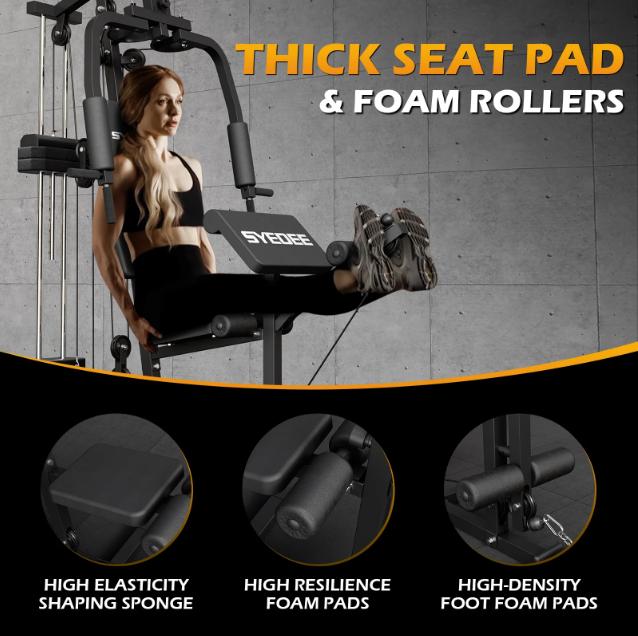 Home Gym Station, 150LB Weight Stack Multifunctional Home Gym Equipment for Full Body Strength Training Workout, LAT Pulldown Pulley System, Chest/Leg Exercise and Preacher Curl Fitness