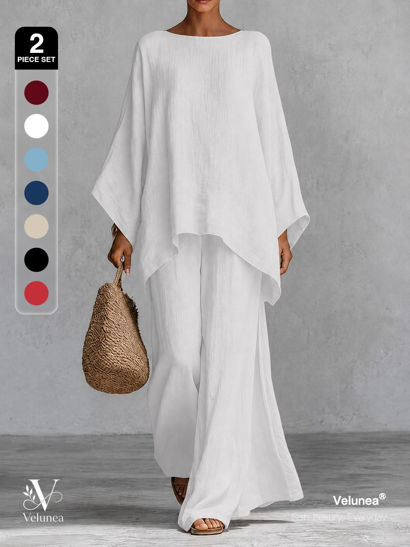 2-Piece Set, Velunea Women’s Elegant Casual Wide Leg Pants Set, Draped Cape Top and Flowing Trousers Matching Outfit, Minimalist Resort Wear for Vacation and Everyday Style