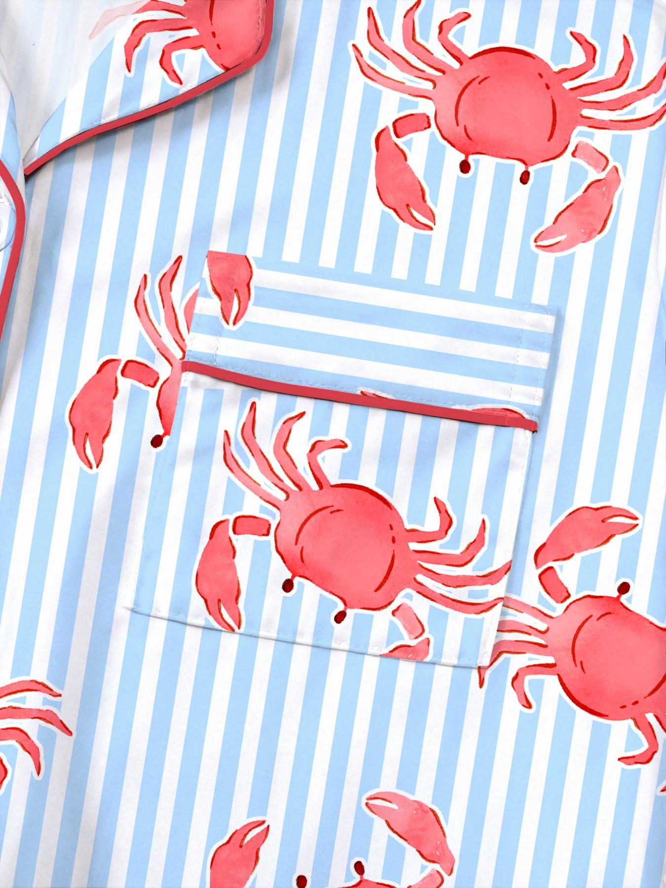Women's 2-Piece Crab Print Pajama Set, Short-Sleeve Button-Up Top & Elastic Shorts, Casual All-Season Sleepwear, Homewear and Loungewear Set for Home and Party