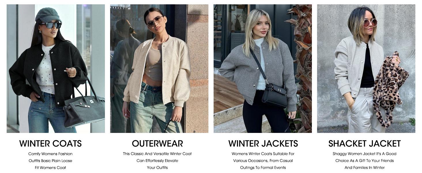 Tankaneo Womens Cropped Bomber Jacket Wool Blend Varsity Short Pea Coats Long Sleeve Button Down Winter Casual Outerwear