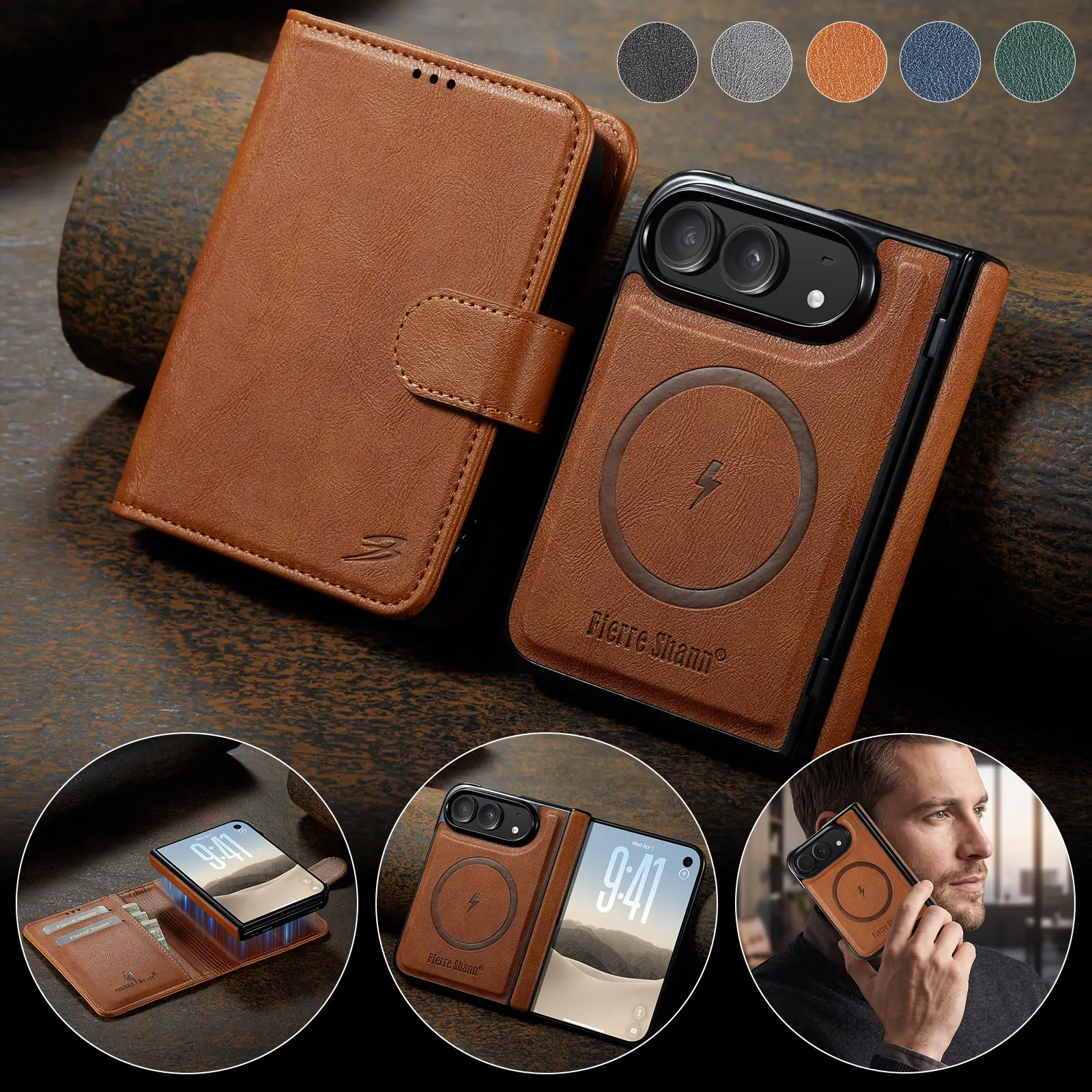 iPhone Duo Flip Folio Cellphone Case - 2-in-1 Magnetic Detachable Card Holder, MagSafe Wireless Charging, Faux Leather Protective Cover with Kickstand for Handheld Devices, Walmart Phone Accessories & Casing