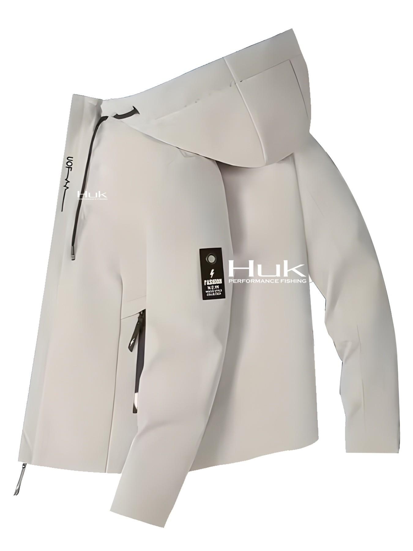 Men's Fashionable Huk Logo Jacket, Zipper Pocket, Casual Hooded Design, Polyester Material, Spring & Fall Wear, Slim-Fitting Outerwear