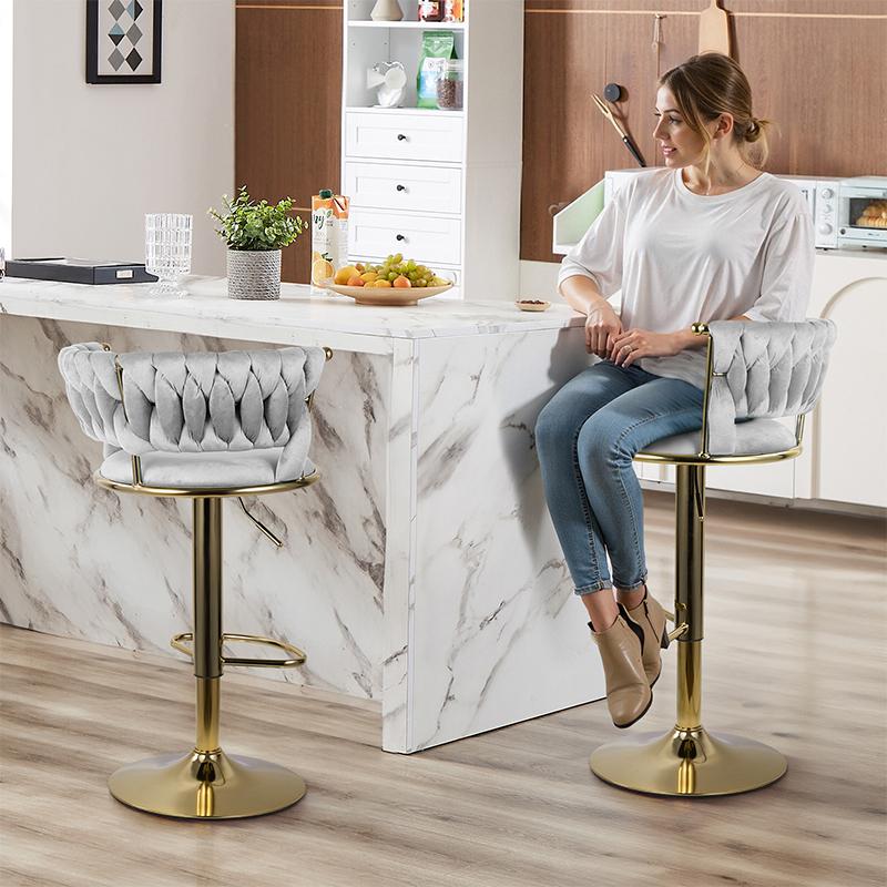 Velvet Bar Stools Set of 2, Modern Upholstered Swivel Bar Chairs with Adjustable Height and Low Back, 360° Gold Base Counter Height Stools for Kitchen Island, Bar or Pub