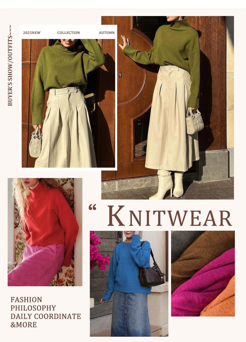 Autumn Winter Women's Knit Sweater High Neck Loose Casual French Style Elegant Simple Solid Color Pullover Long Sleeve Top Autumn Winter Women's Knit Sweater High Neck Loose Casual French Style Elegant Simple Solid Color Pullover Long Sleeve Top