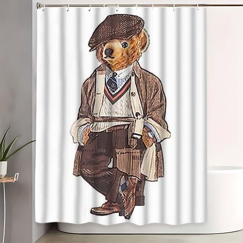 Polo Fashion Bear Shower Curtain Set, Bathroom Decor Accessories with 12 Hooks, Non-Slip Bath Mat and U-Shaped Toilet Lid Cover