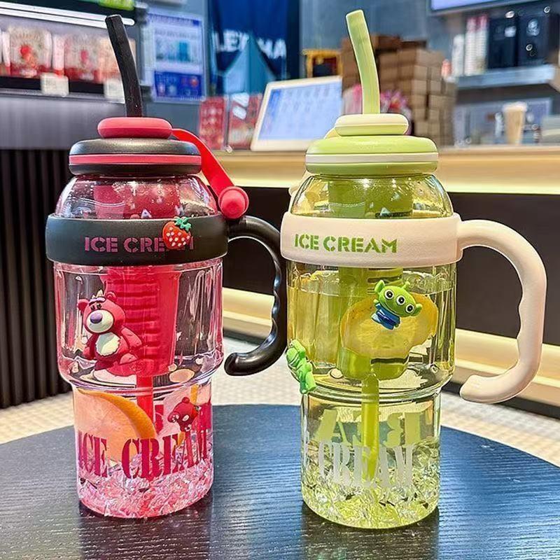 1200ML Thermal Water Bottle with Tea Infuser and Straw, Large Handle, High Capacity, Cute, Dustproof, Summer Water Cup for Women and Students, Large Water Bottle, Lucky King Ice Water Cup