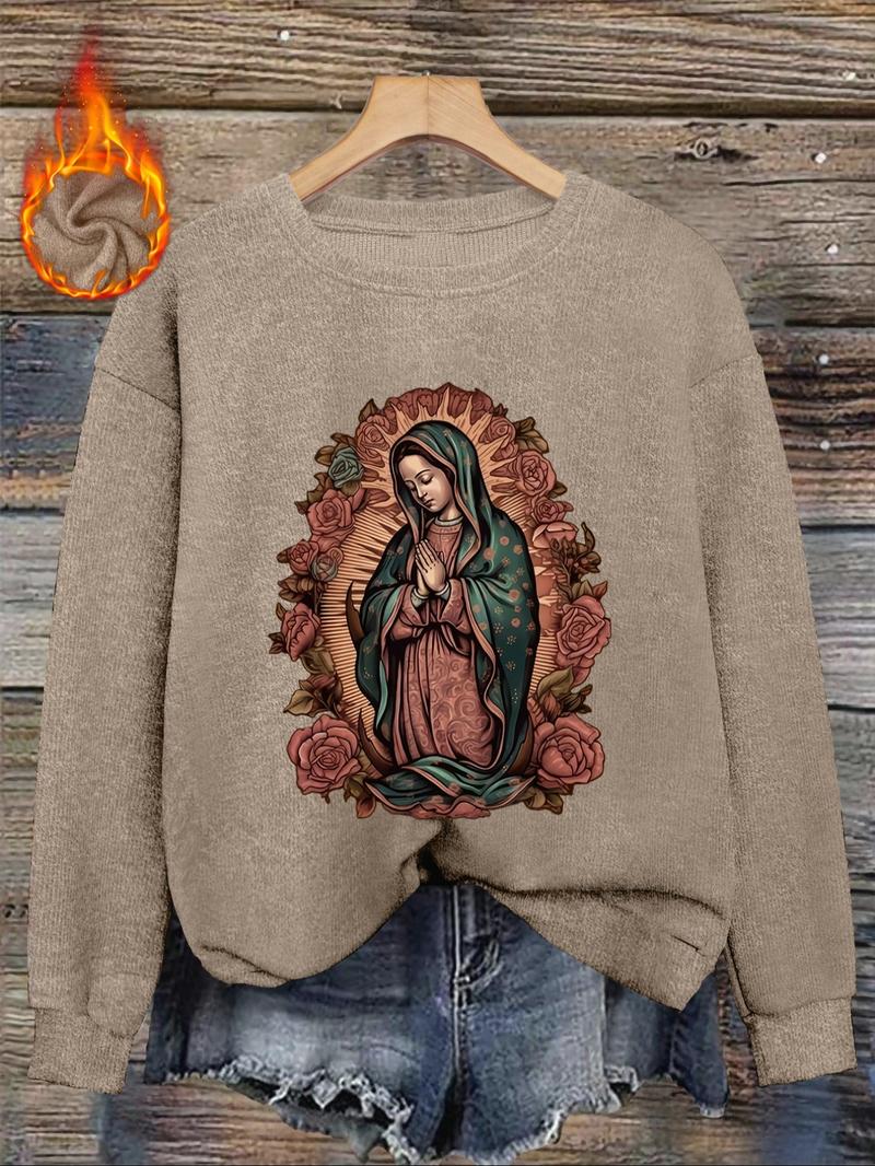 Women's Casual Fitted Round Neck Sweater Top, Floral Virgin Mary Print, Comfortable Fall & Winter Fashion, Ladies' Stylish Knitwear