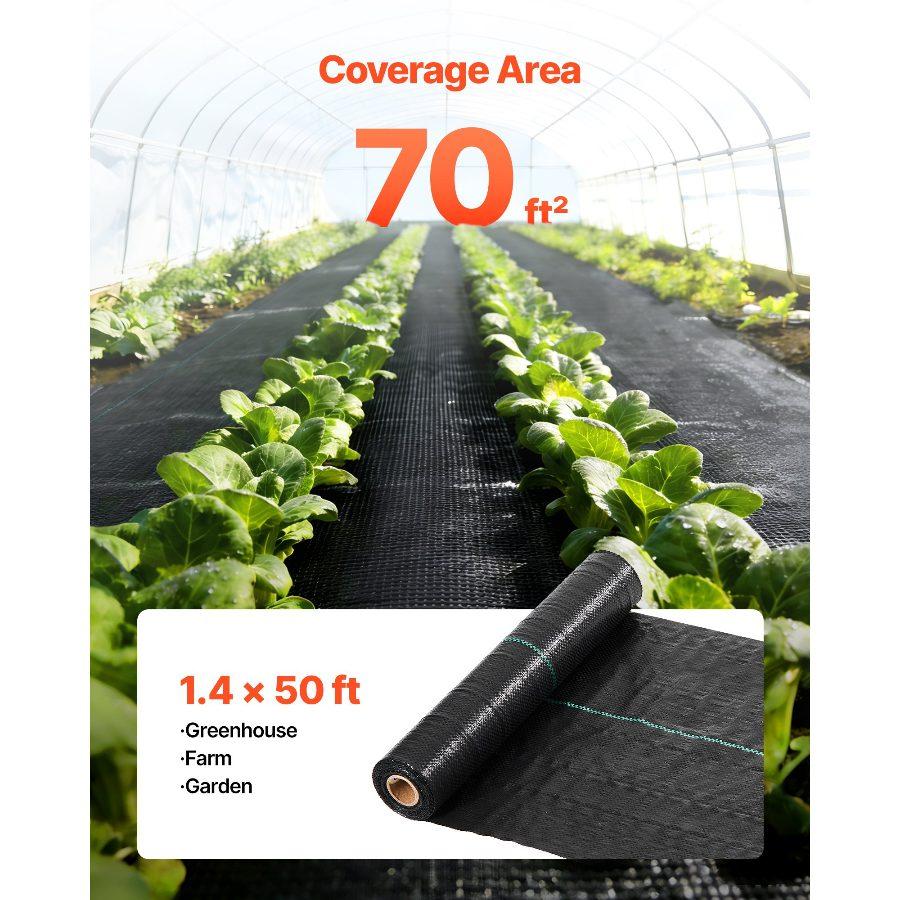 VEVOR Heavy-Duty Weed Barrier Fabric, 1.4x50FT 3.2oz Woven Geotextile Webbing, Outdoor Gardening Ground Cover, Black Gardening Mat for Weed Control
