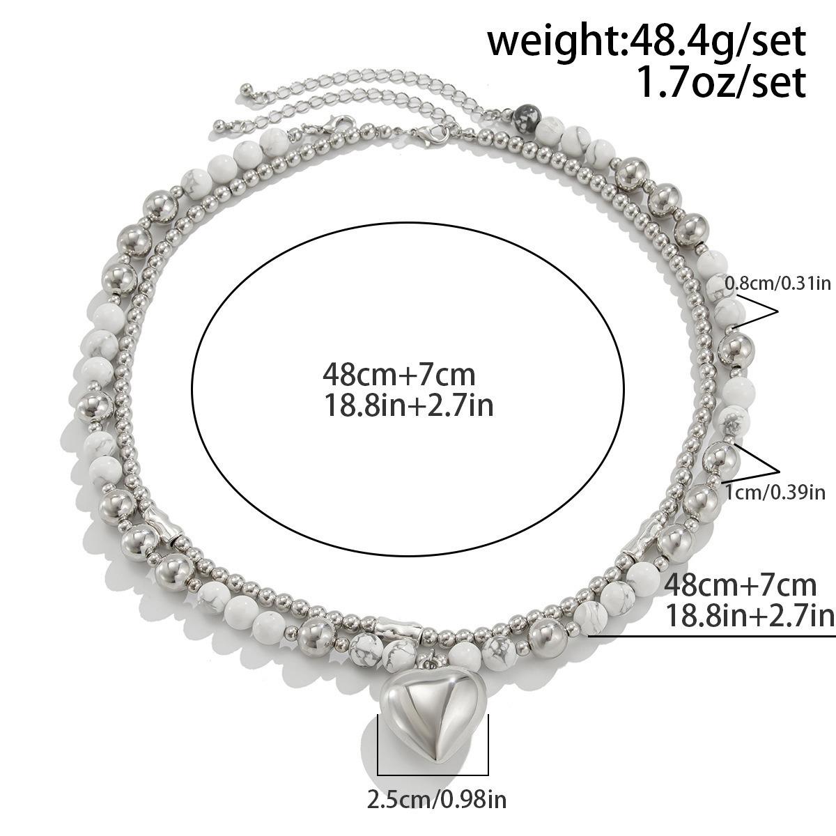 Women's 2-Layer White Turquoise Beaded Heart Pendant Necklace - Silver Metal Ball Chain, Marble Stones, Mixed Sizes Beads, Minimalist Stack Adjustable Choker, Daily Wear Jewelry for Gift, Double Strand, Minimalist Design, Adjustable Bead Chains