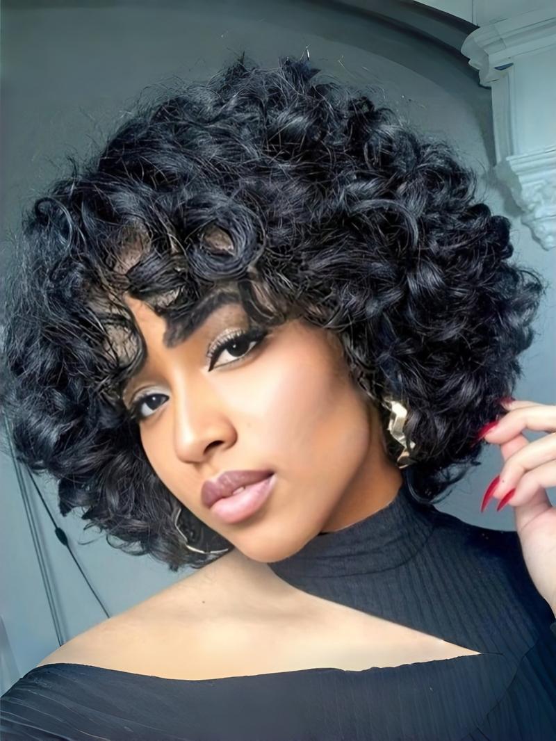 Women's Short Curly Bob Wig, 8-Inch Chicken Rolls Human Hair Elf with Bangs, Full Machine Made, 180% Density, Natural Loose Waves