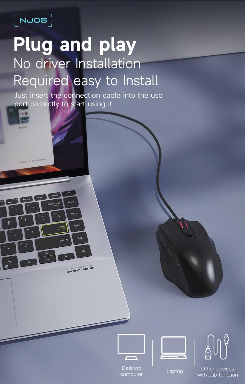 NJ05 wired office mouse with light sound buttons and finger drag design AJAZZ ergonomic office supplies mouse DPI3600 optical engine chip 125Hz 3D rubber roller lightweight 91g suitable for gaming and office use