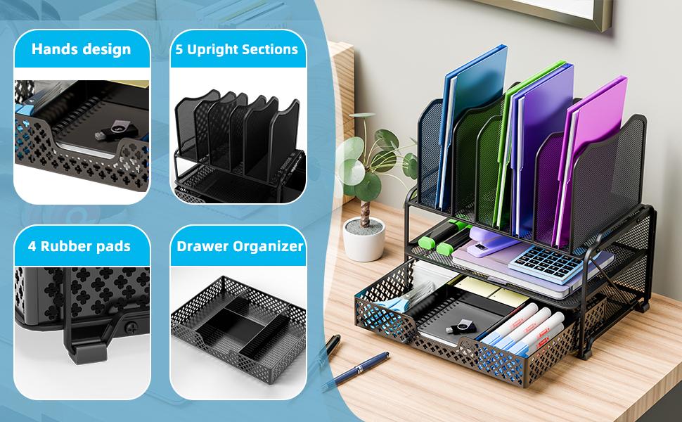 Simple Trending Mesh Desk File Organizer, Office Supplies Desktop Storage with Sliding Drawer, Double Tray and 5 Upright Section Sorter Organizer, for Office, Home, Black