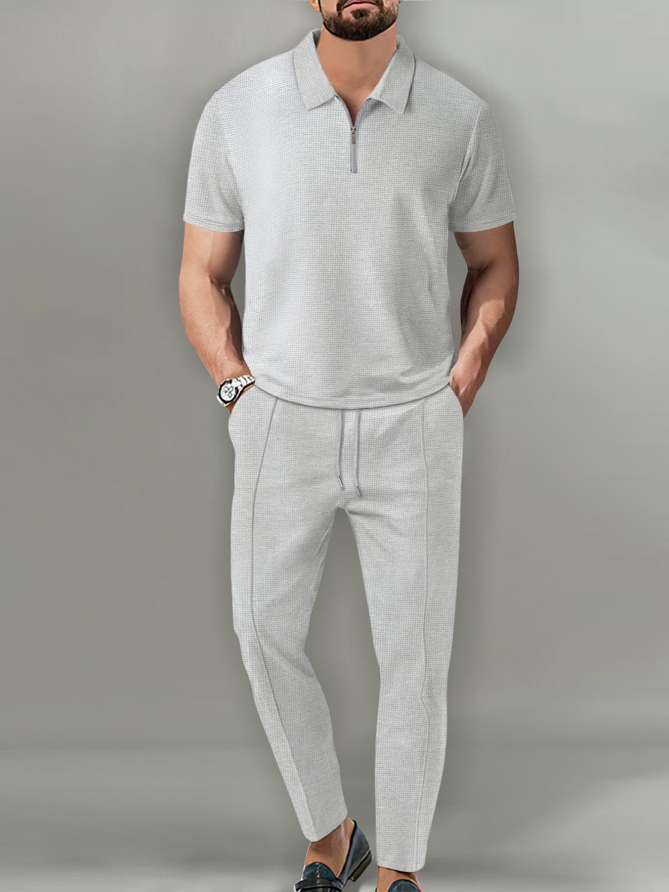Men's Two-Piece Set Outfit for Summer, Menswear Quarter-Zip Polo Shirt and Drawstring Pants, Casual and Urban Style, Perfect for Relaxing Days