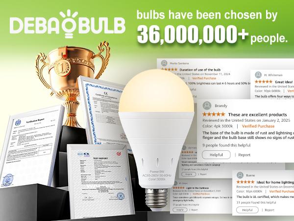 DEBAOBULB 3000K Warm Light E26 120V 9W Rechargeable Battery Operated Emergency LED Lamp Multifunctional Hook Included Home Energy Saving Lighting