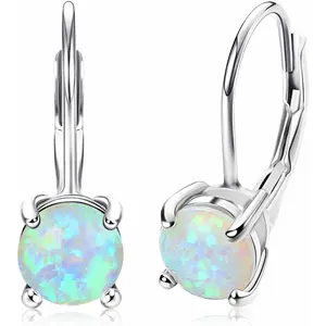 1Pc 925 Sterling Silver Leverback Earrings for Women, Round Opal Drop Earrings, Hypoallergenic Dainty Leverback Hoop Earrings Jewelry