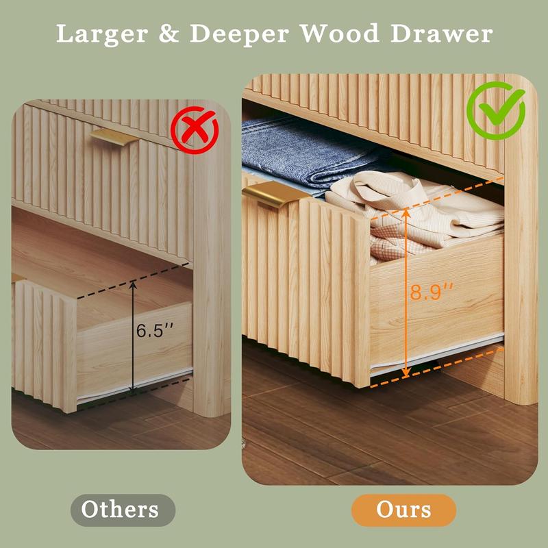 Fluted Dresser for Bedroom with 7 Drawers, 53'' Modern Dressers with Faux Marble Top, Mid Century Chests of Drawers with Gold Handle & Curved Profile, Natural Wood TV Dresser for Bedroom, Living Room