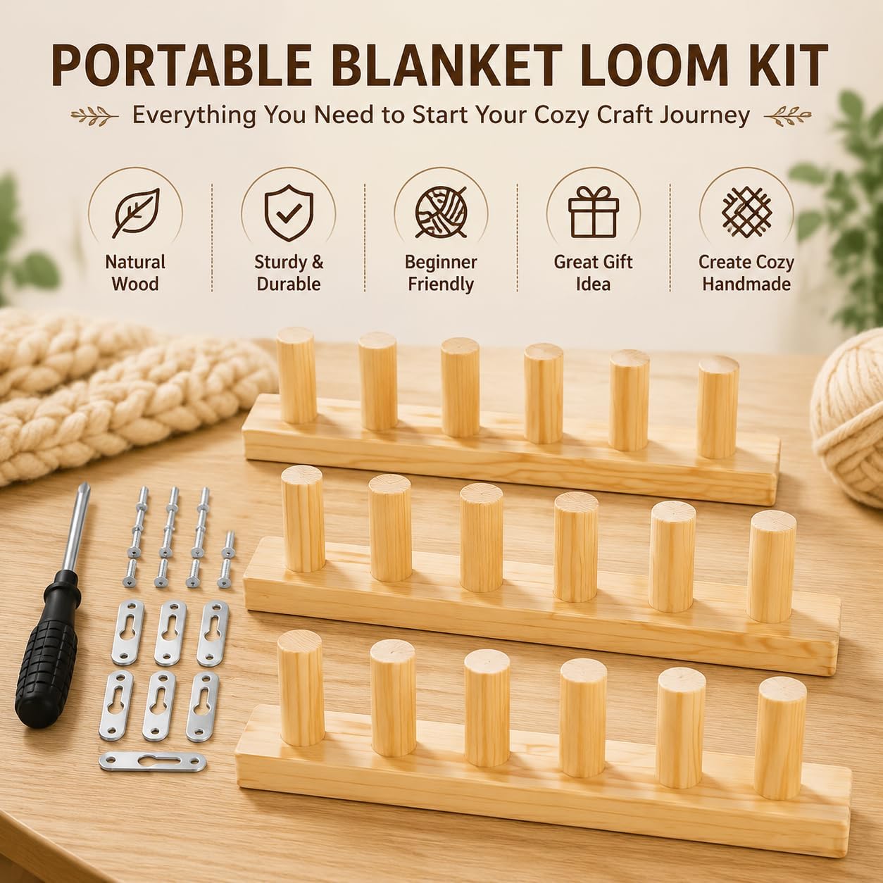 Chunky Blankets Loom Kit for Knitting,No Need Hooks,Wooden 39 inch | Portable Adjustable Size, Detachable Modular Design,Wooden Weaving Frame for Thick Yarn,Affordable,