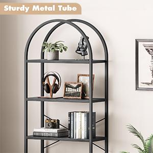 Bookshelf 5 Tier Bookcase Arched Display Racks Tall Standing Bookshelves Metal Frame Open Storage Rack Shelf Large Black Book Shelf for Bedroom, Living Room, Home Office