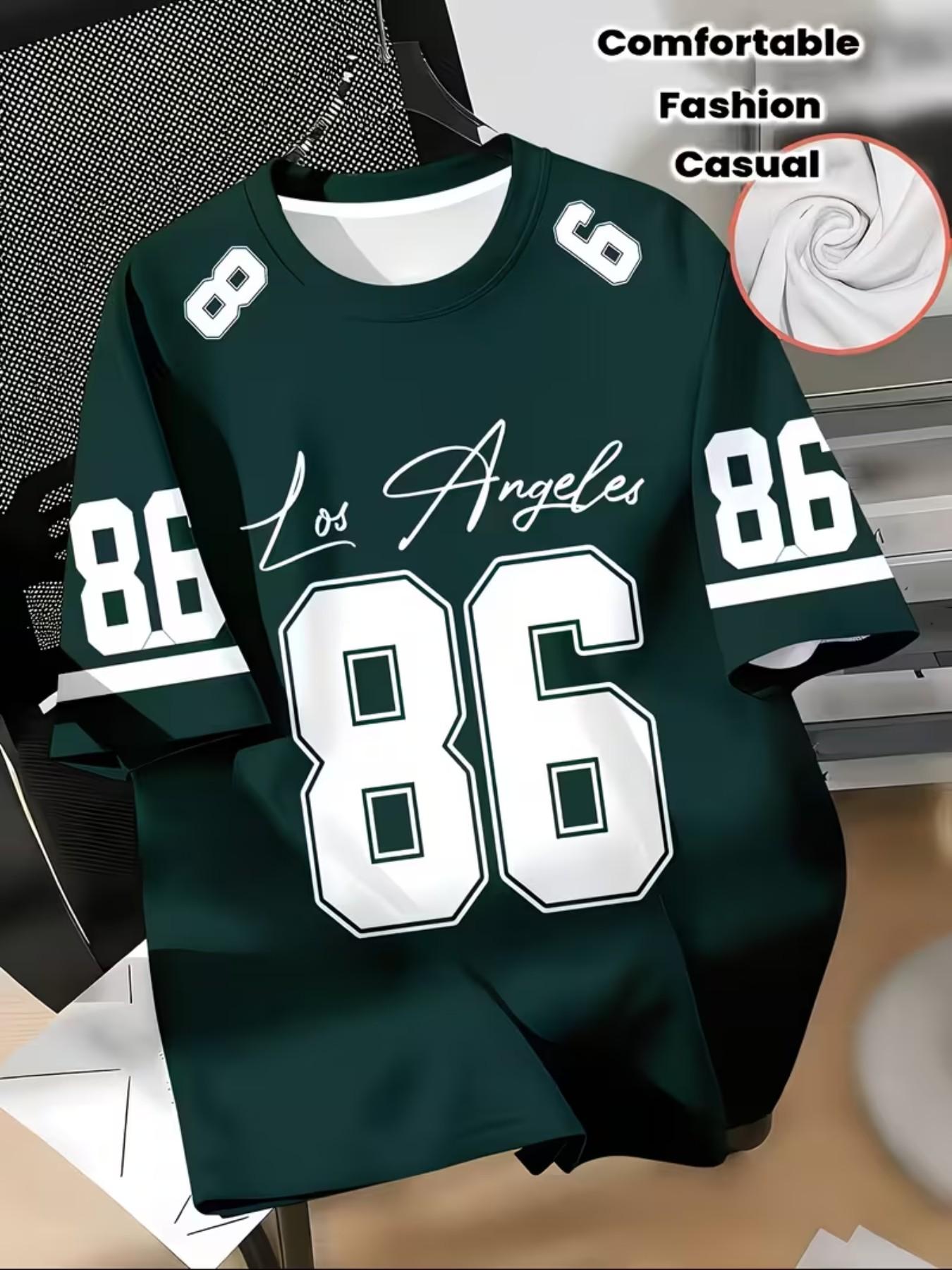 Men's Los Angeles 86 Number American Basketball Style Digital Print T-Shirt, Casual Slim-Fit Short Sleeve