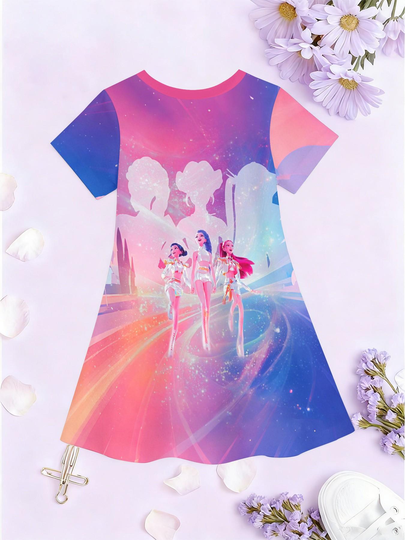 Girls' 3D Futuristic Dress, Cool Short Sleeve A-Line Dress, All over Print, Perfect Birthday Gift, Festival Gift