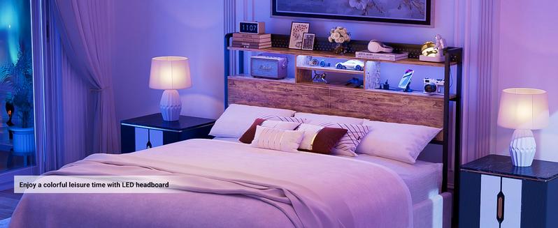 Homieasy Headboard for King Size Bed with Storage Shelf, Head board with 3 Outlets and 2 USB Ports, Headboards with RGB LED Light, Height Adjustable, Sturdy and Stable, Easy Assembly, Rustic Brown Homieasy Headboard for King Size Bed with Storage Shelf, Head board with 3 Outlets and 2 USB Ports, Headboards with RGB LED Light, Height Adjustable, Sturdy and Stable, Easy Assembly, Rustic Brown
