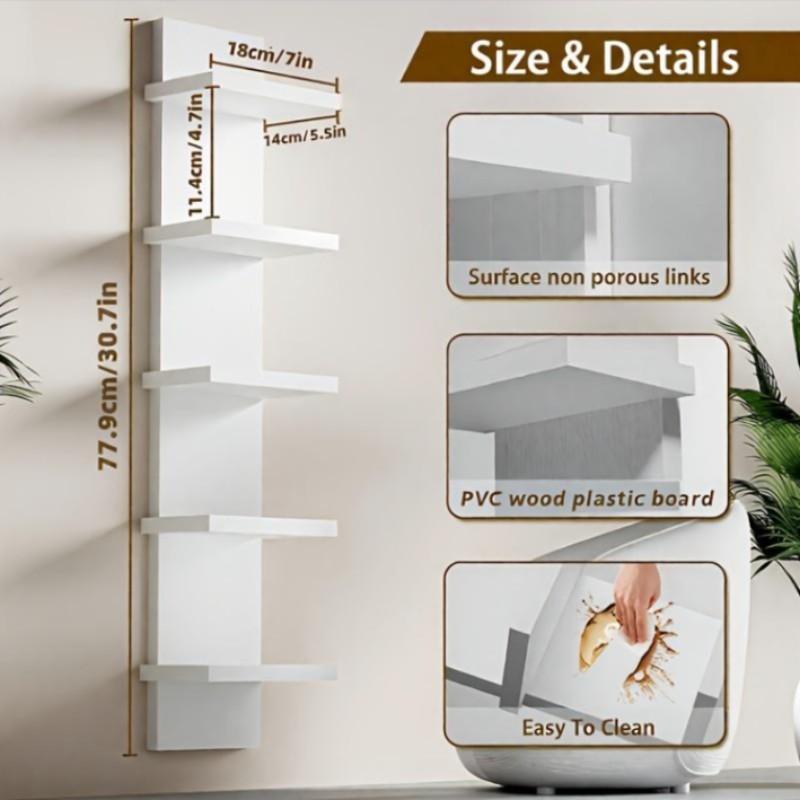 5-layer white PVC plastic suspended wall hanging storage system, smooth laminate vertical frame, suitable for bedroom/living room/entrance, upgraded tower design, can display jewelry green plants, simple art storage display shelf, Wall Shelf Unit