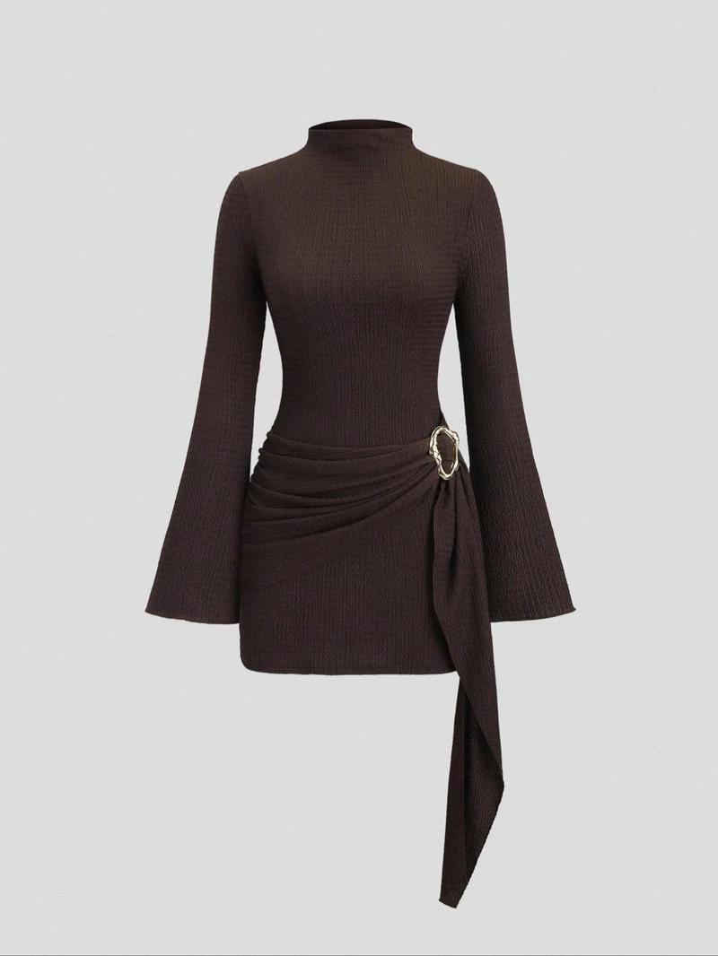 Women's Fall Winter Minimalist Slim Fit Textured Fabric Dress, Metal ...