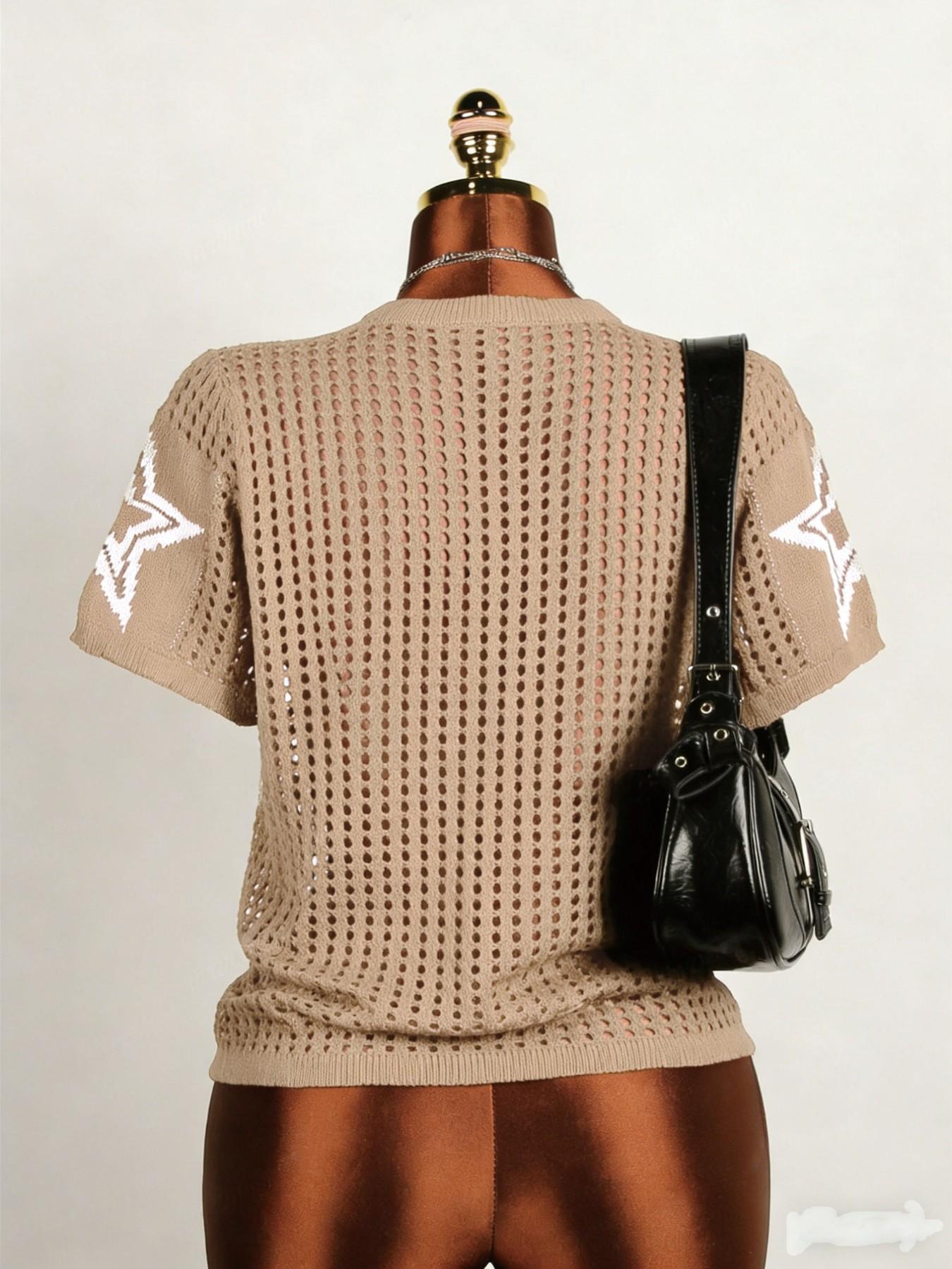 Plus Size Women's Digital Print Hollow Out Sweater, Casual Fashion Sporty Round Neck Knit Top, Summer Wear, Daily Clothing