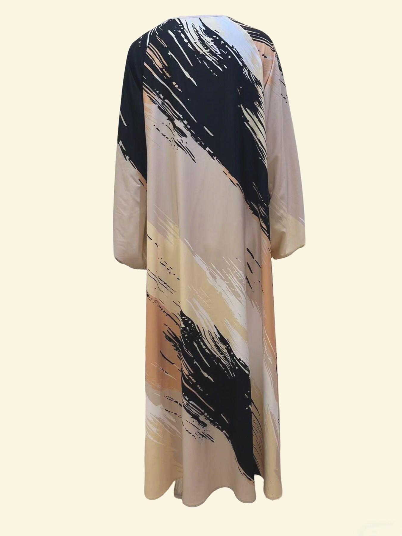New Summer-Autumn Watercolor Print Long Robe for Women, Loose Fit Slimming Dubai Turkish Abaya Muslim Dress, Ideal for Daily Commute, Dates, Parties