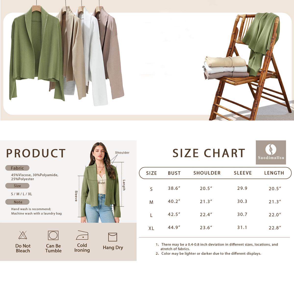 JovenPara Women's Cropped Cardigan Open Front Shawl Trendy Long Sleeve Sweater Jacket Soft Knitwear Basic Tops