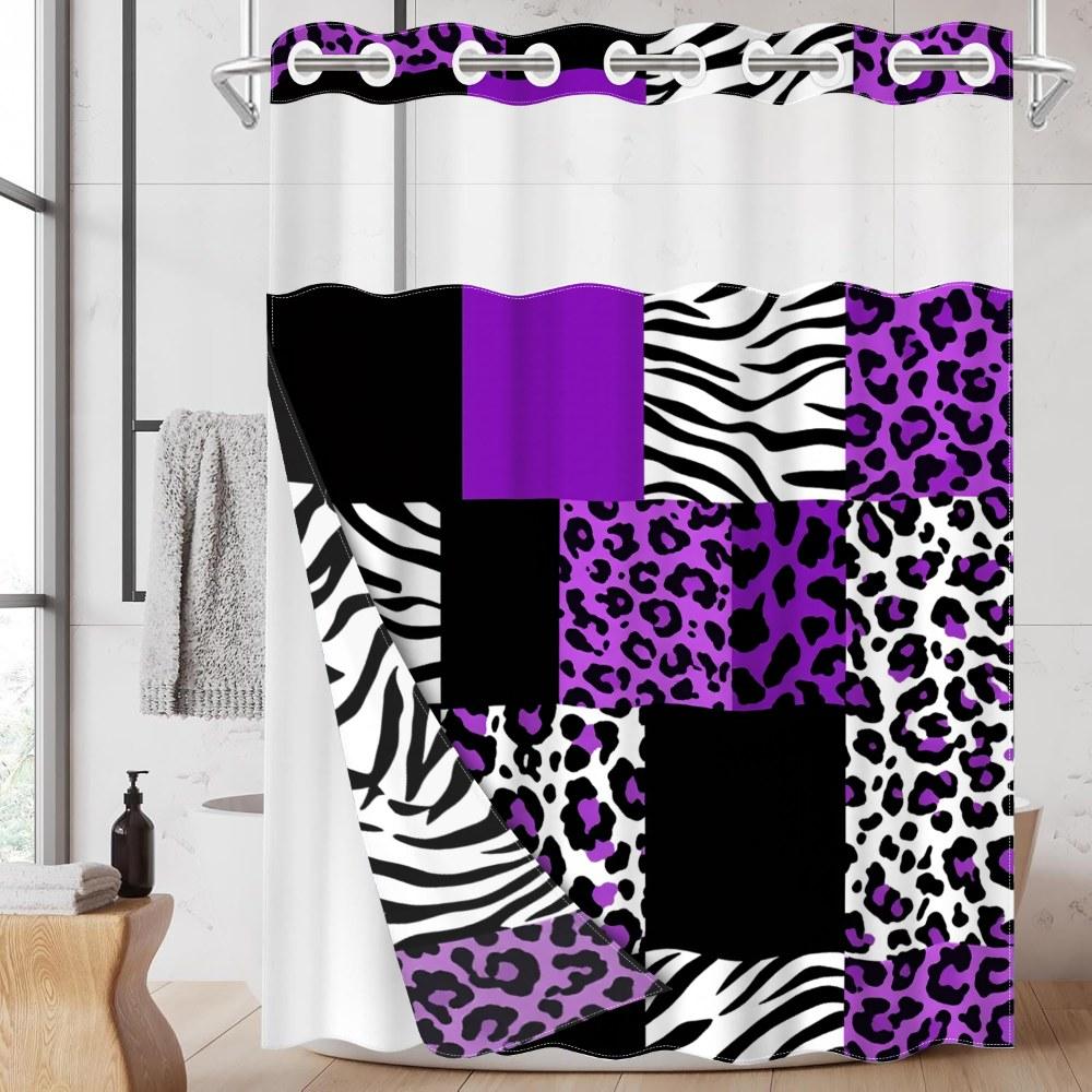 1pc hookless shower curtain with buckle lining, purple, black, white, leopard and zebra print patchwork design, 2D flat printing, waterproof fabric lining, see-through double-layer shower curtain, 71 x 74 inches, modern home draping curtain.