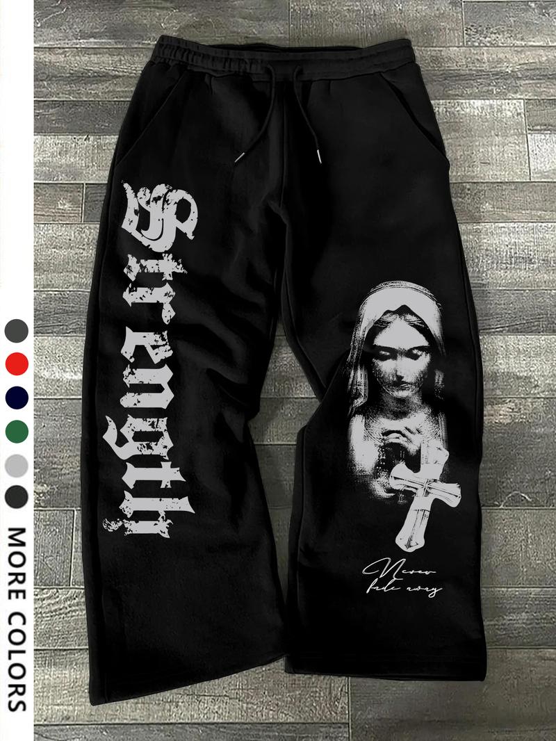 Men's Casual Loose-Fit Drawstring Pants, All-Season Wide-Leg Sweatpants with Nun Print, Comfortable Long Trousers for Everyday Wear, Casual Streetwear Pants